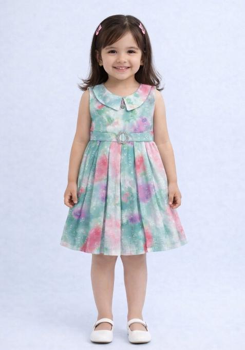 Multicolor Tie And Dye Polyester Casual Dress For Girls