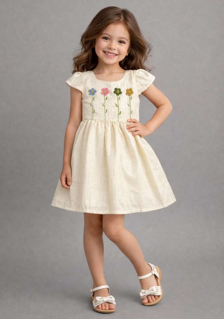 Off White Embroidered Jute Casual Dress For Girls - Indya