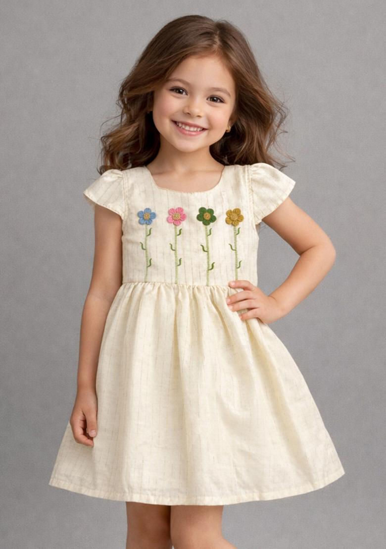 Off White Embroidered Jute Casual Dress For Girls - Indya