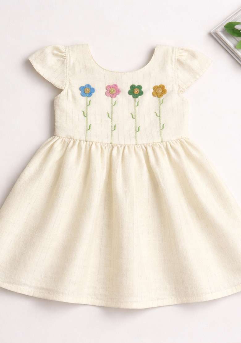 Off White Embroidered Jute Casual Dress For Girls - Indya