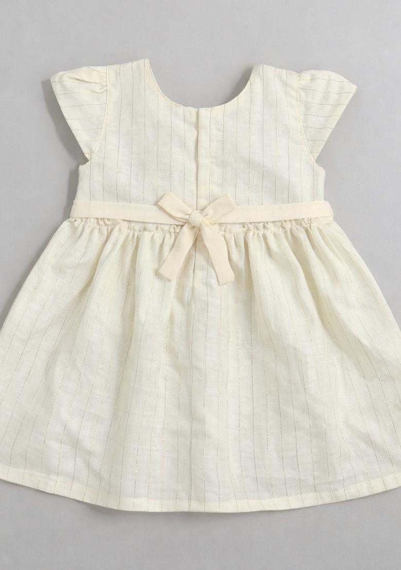 Off White Embroidered Jute Casual Dress For Girls - Indya