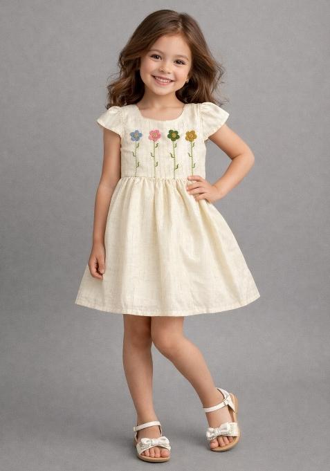 Off White Embroidered Jute Casual Dress For Girls
