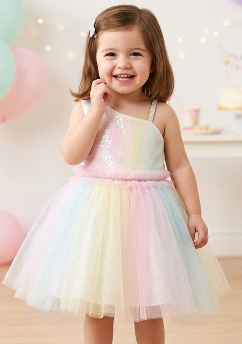 Multicolor Embellished Polyester Party Dress For Girls - Indya