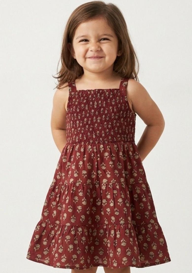 Maroon Floral Print Cotton Casual Dress For Girls - Indya