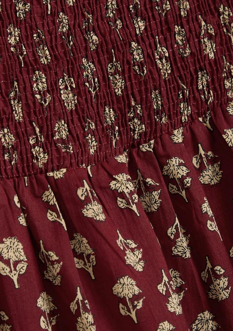 Maroon Floral Print Cotton Casual Dress For Girls - Indya