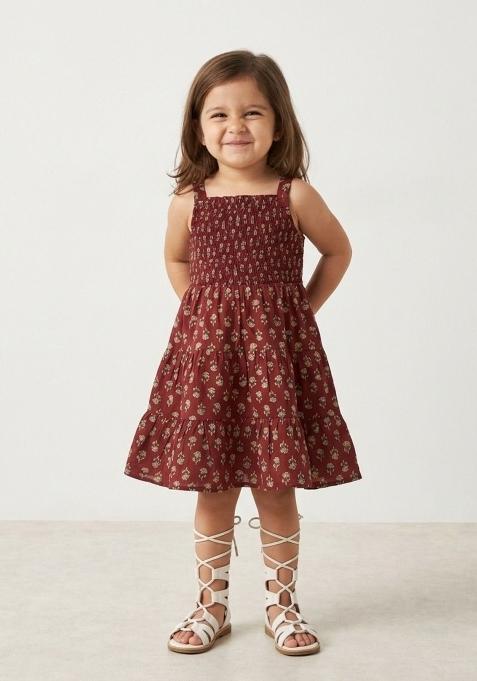 Maroon Floral Print Cotton Casual Dress For Girls