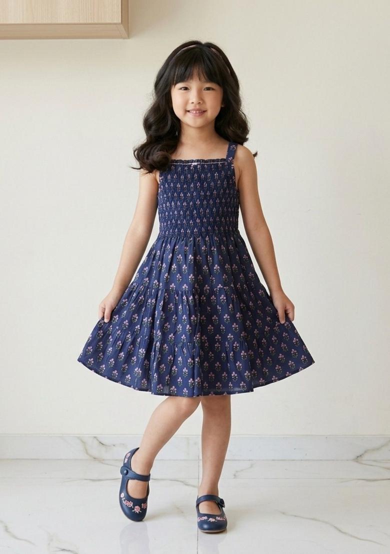 Navy Blue Striped Cotton Casual Dress For Girls - Indya