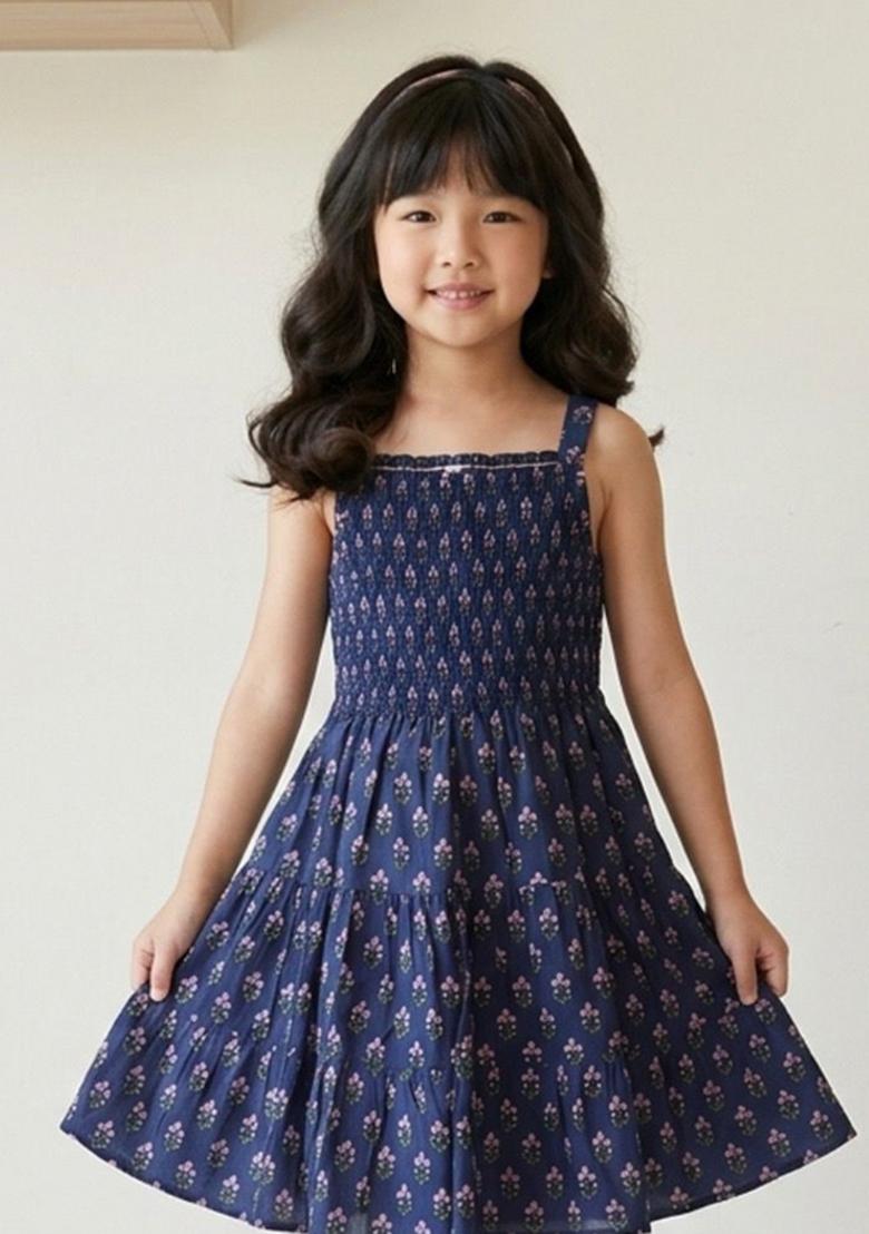 Navy Blue Striped Cotton Casual Dress For Girls - Indya