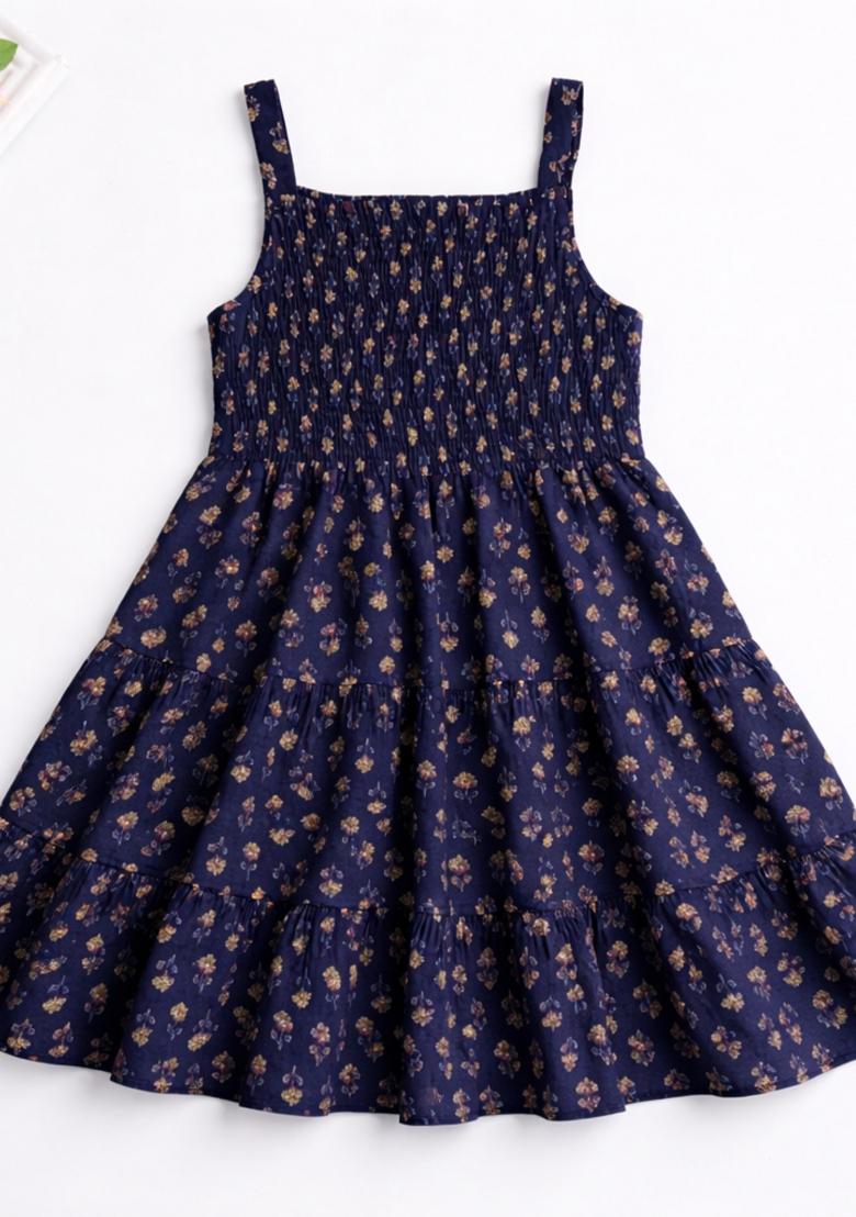 Navy Blue Striped Cotton Casual Dress For Girls - Indya