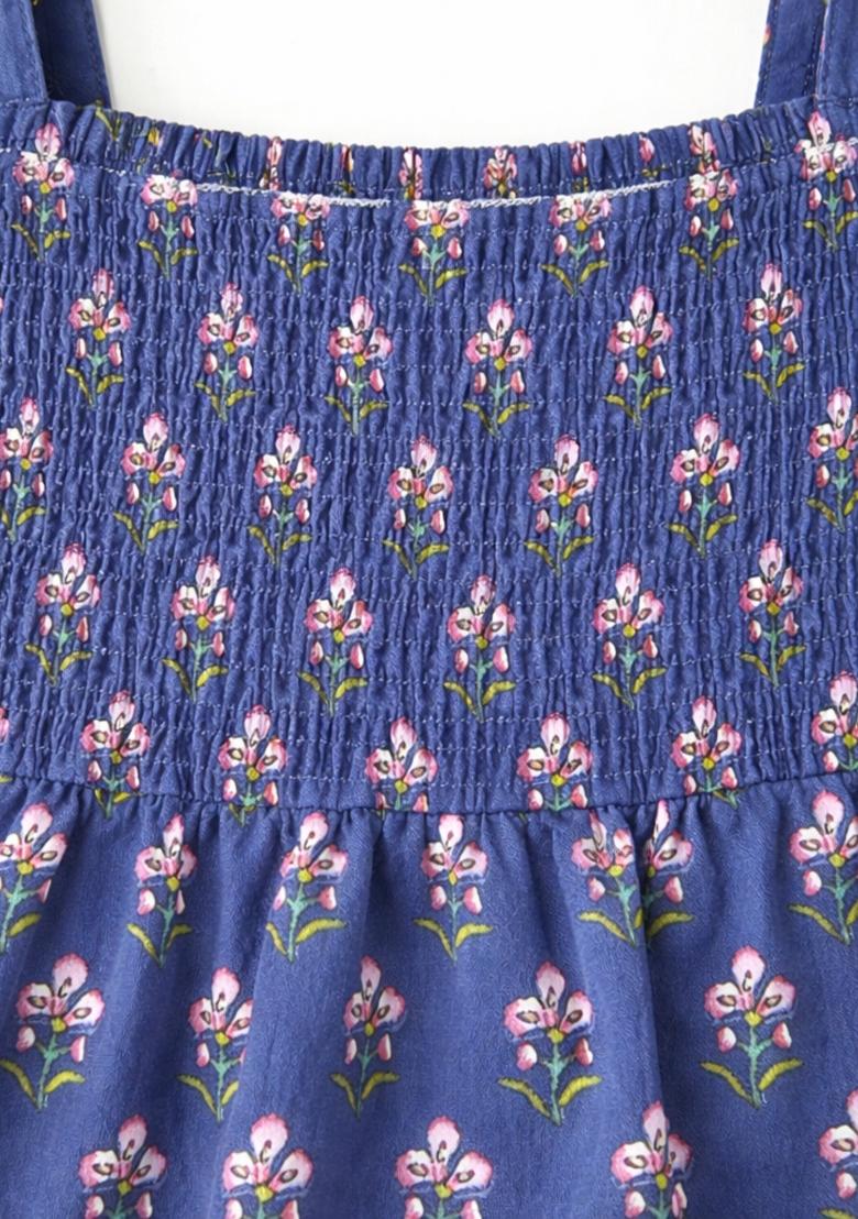 Navy Blue Striped Cotton Casual Dress For Girls - Indya
