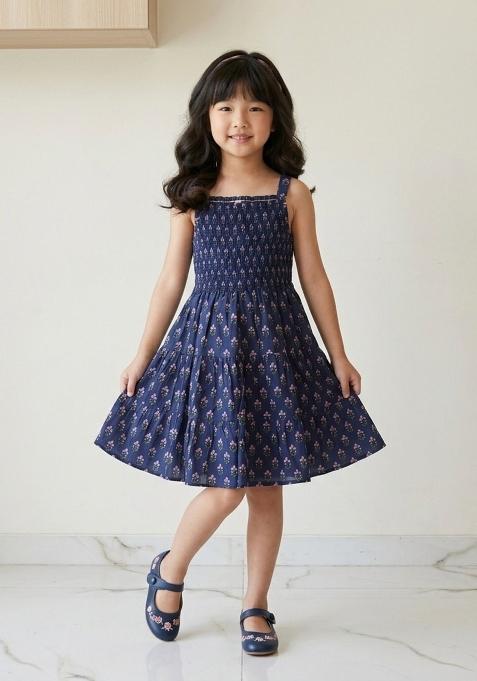 Navy Blue Striped Cotton Casual Dress For Girls