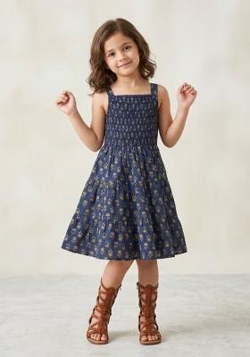 Navy Blue Floral Print Cotton Casual Dress For Girls