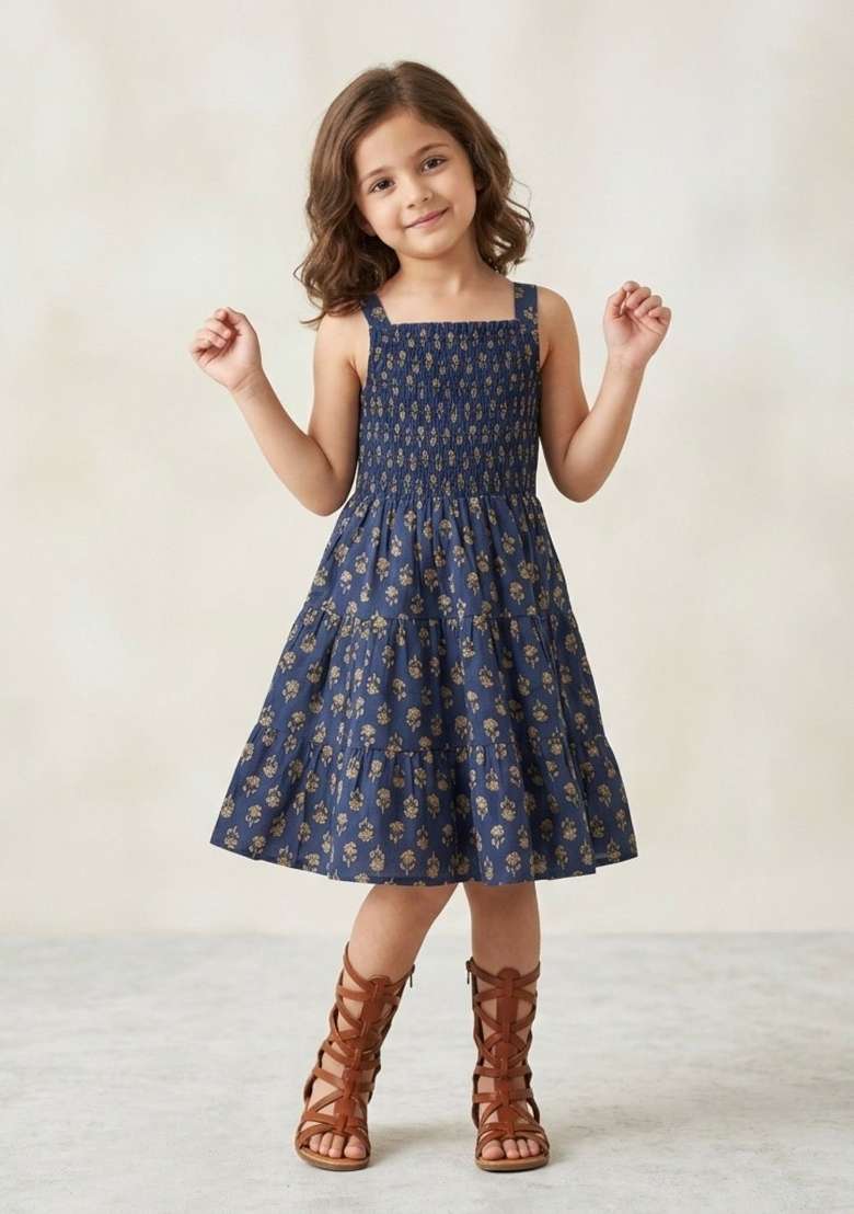 Navy Blue Floral Print Cotton Casual Dress For Girls - Indya