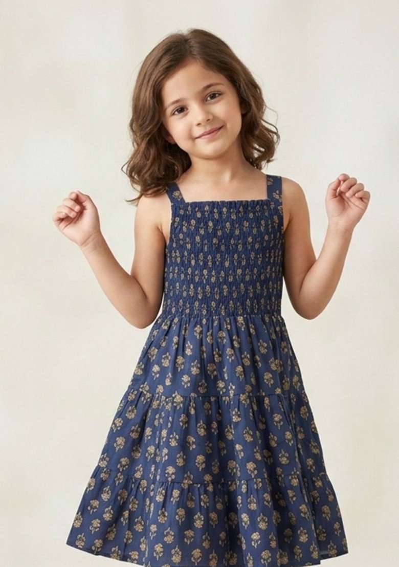 Navy Blue Floral Print Cotton Casual Dress For Girls - Indya