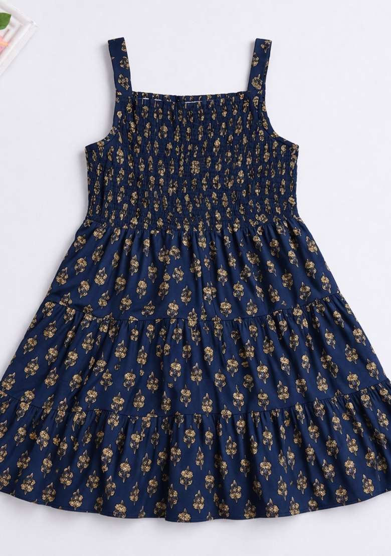 Navy Blue Floral Print Cotton Casual Dress For Girls - Indya