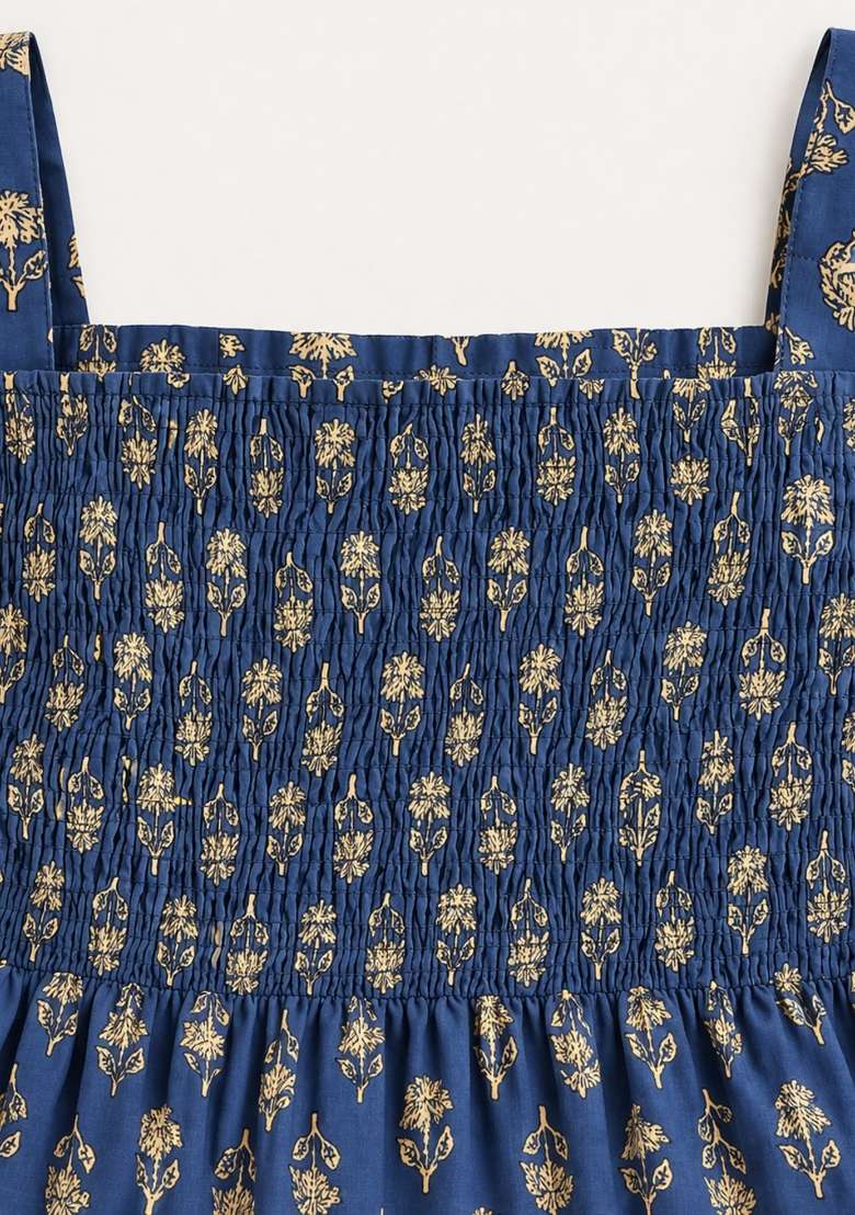 Navy Blue Floral Print Cotton Casual Dress For Girls - Indya