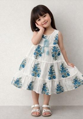 Navy Blue Floral Print Cotton Casual Dress For Girls