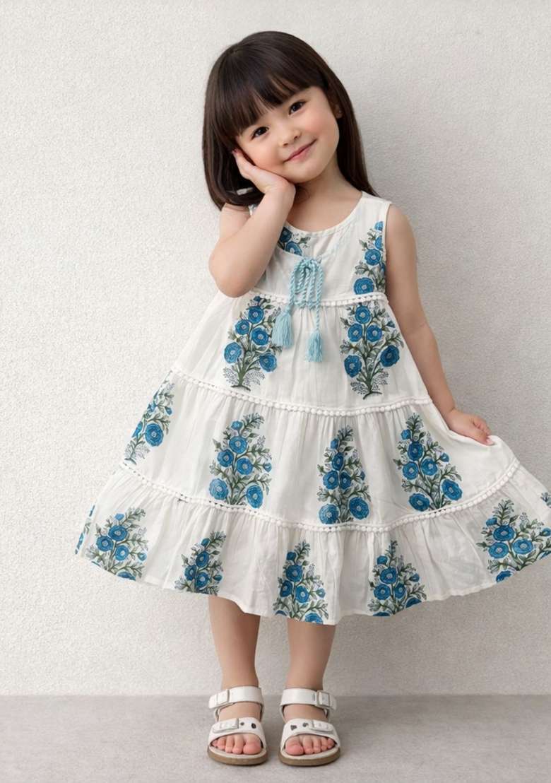 Navy Blue Floral Print Cotton Casual Dress For Girls - Indya