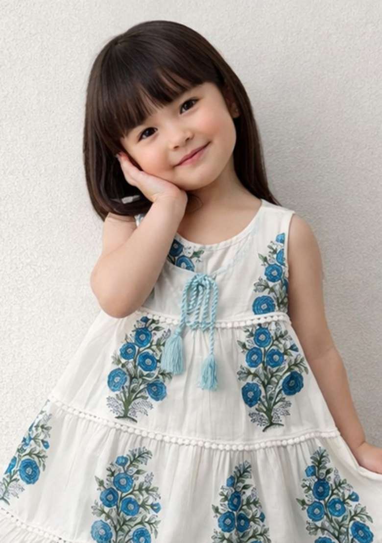 Navy Blue Floral Print Cotton Casual Dress For Girls - Indya