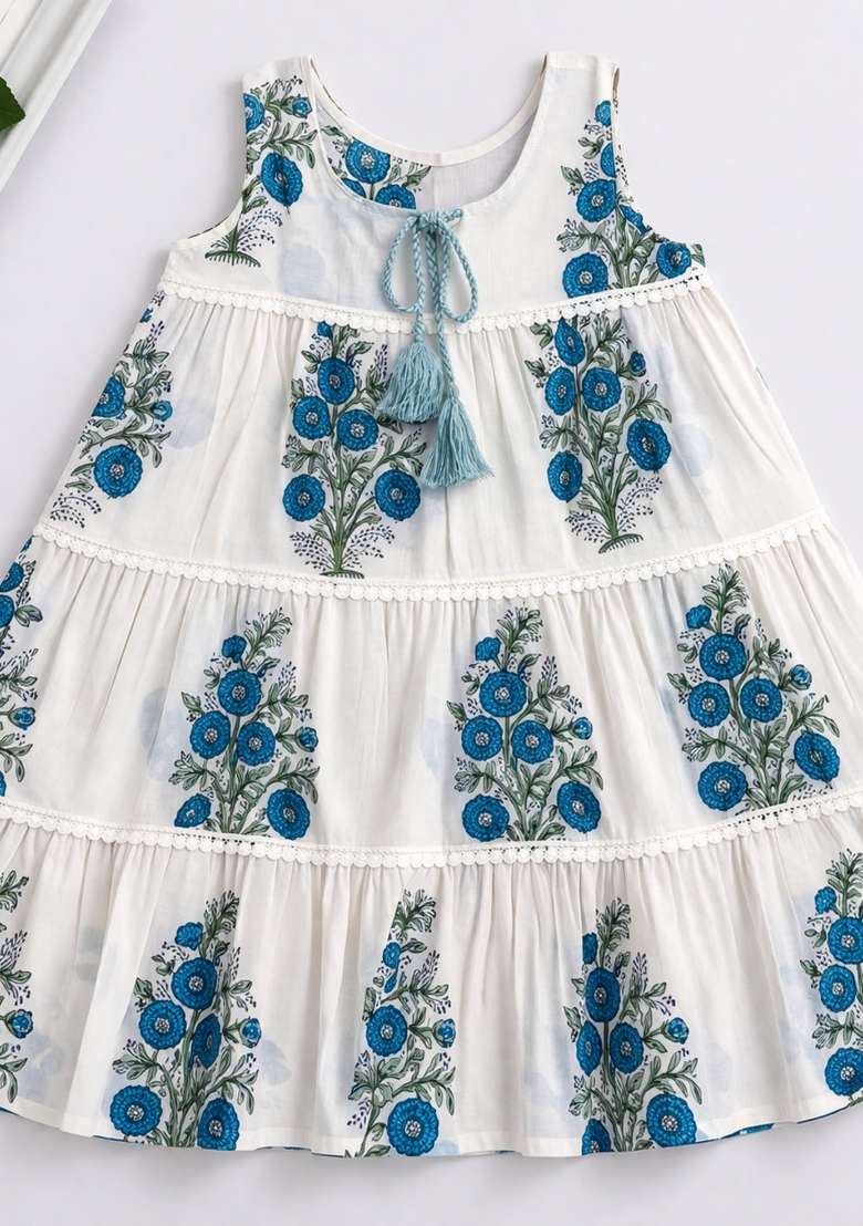 Navy Blue Floral Print Cotton Casual Dress For Girls - Indya