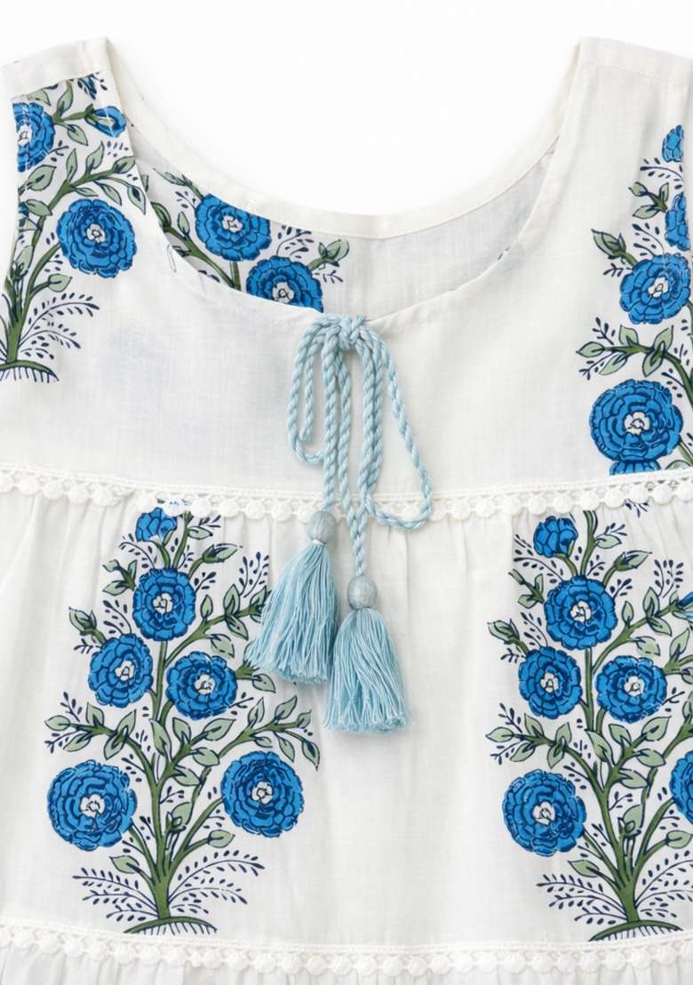 Navy Blue Floral Print Cotton Casual Dress For Girls - Indya