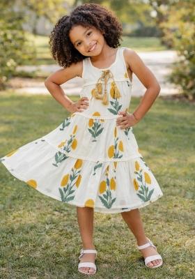 White Floral Print Cotton Casual Dress For Girls