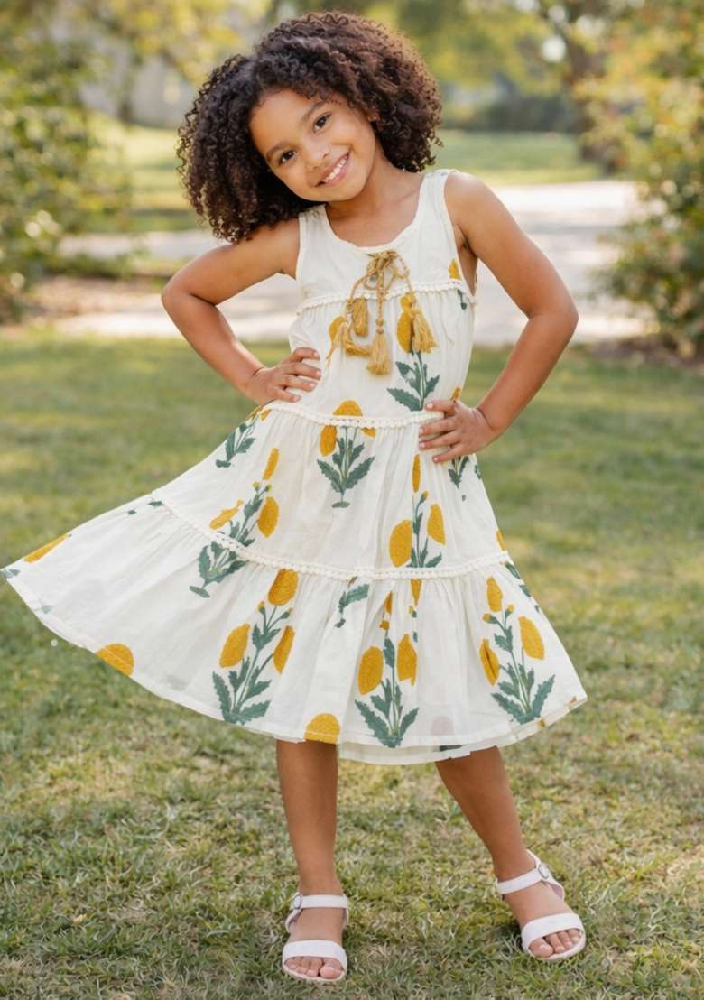 White Floral Print Cotton Casual Dress For Girls - Indya