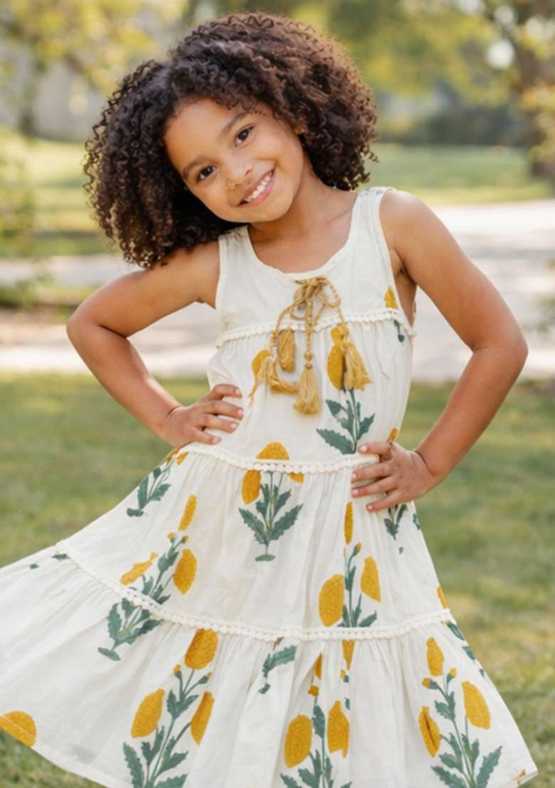 White Floral Print Cotton Casual Dress For Girls - Indya