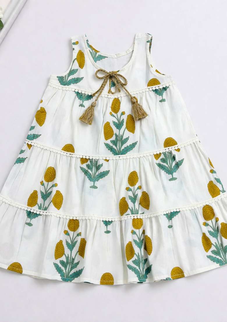 White Floral Print Cotton Casual Dress For Girls - Indya