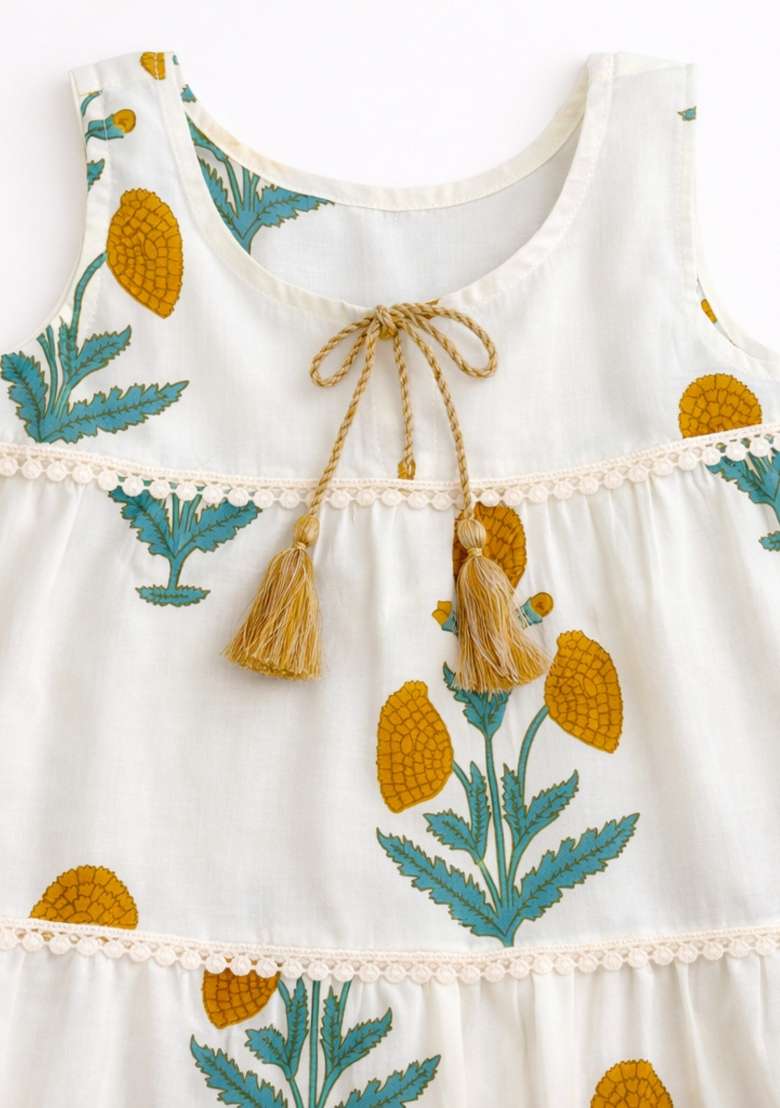 White Floral Print Cotton Casual Dress For Girls - Indya