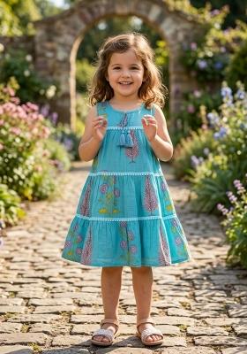 Blue Floral Print Cotton Casual Dress For Girls