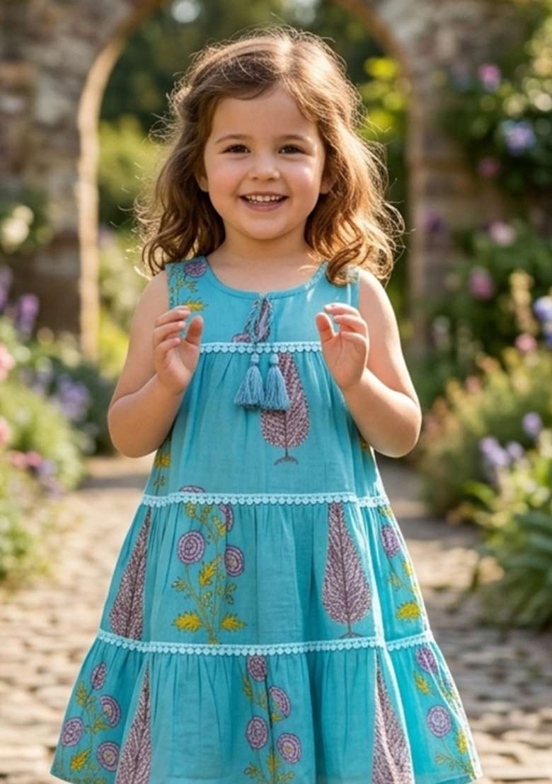 Blue Floral Print Cotton Casual Dress For Girls - Indya
