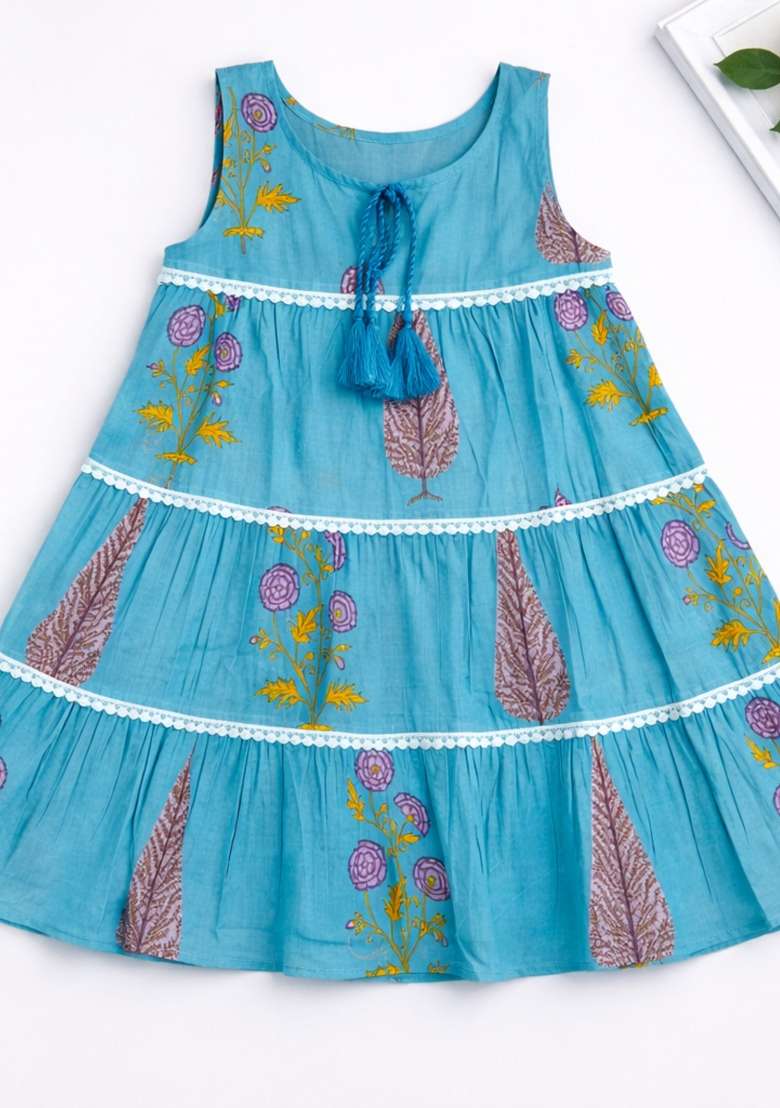 Blue Floral Print Cotton Casual Dress For Girls - Indya