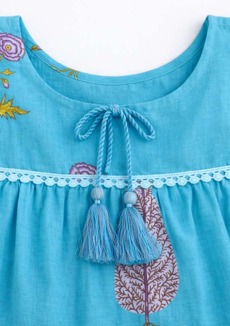 Blue Floral Print Cotton Casual Dress For Girls - Indya