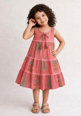 Coral Floral Print Cotton Casual Dress For Girls