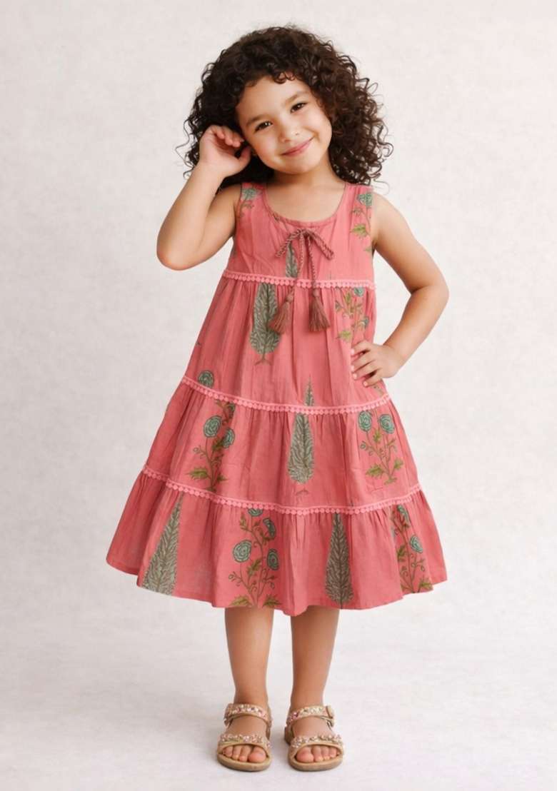 Coral Floral Print Cotton Casual Dress For Girls - Indya