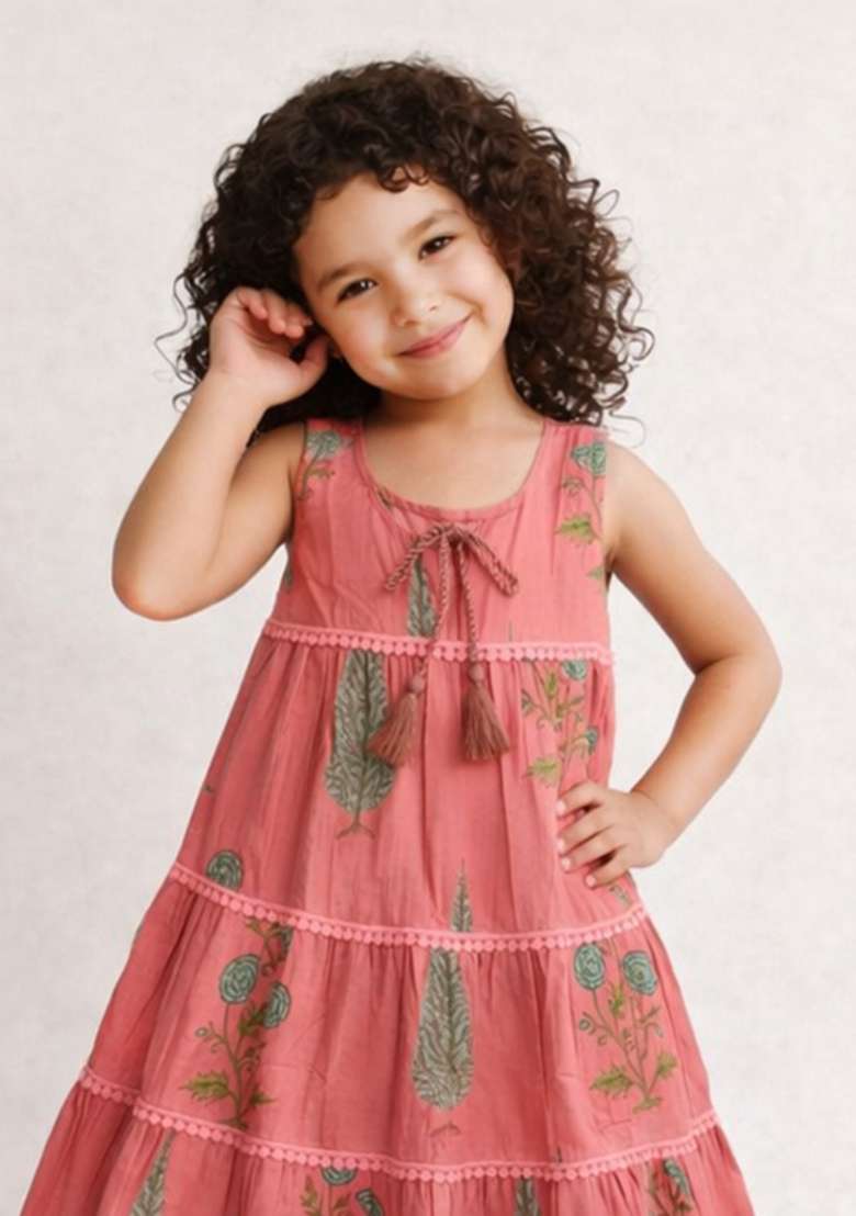 Coral Floral Print Cotton Casual Dress For Girls - Indya
