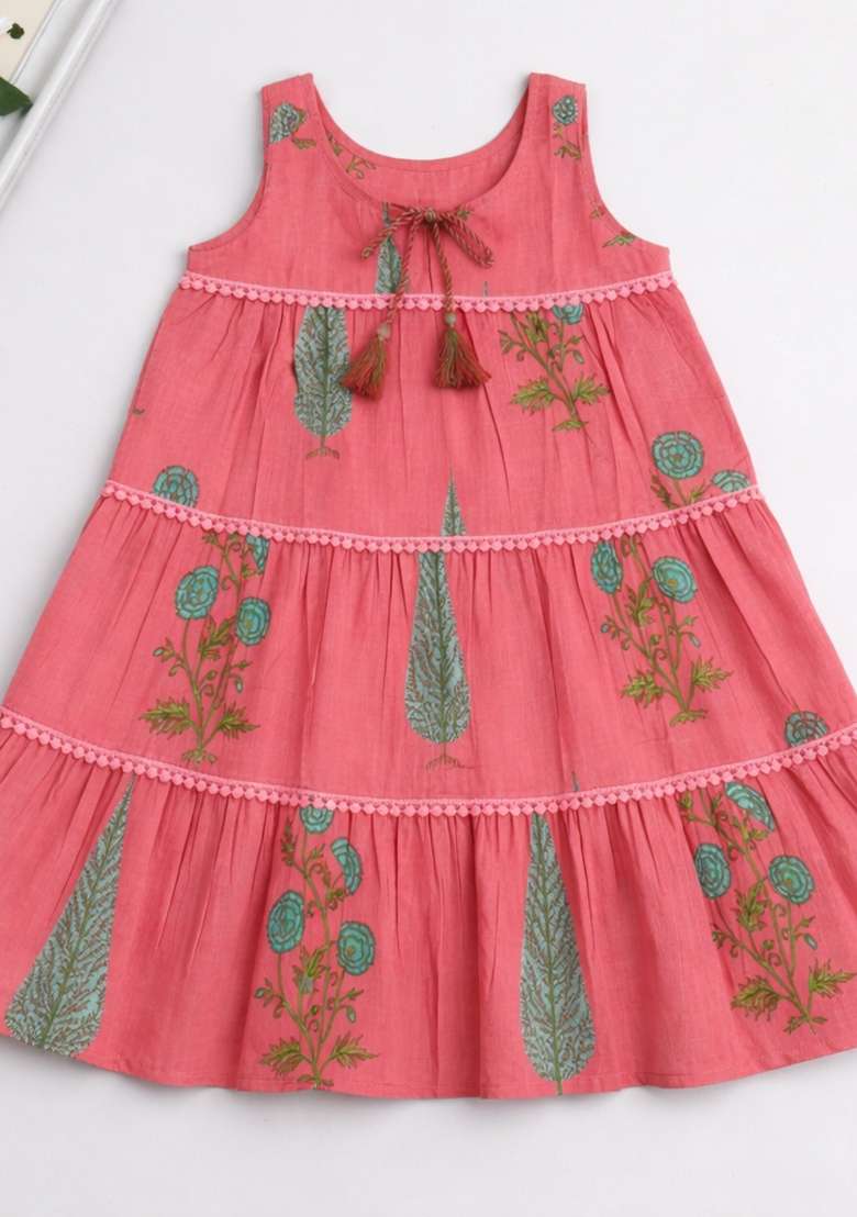 Coral Floral Print Cotton Casual Dress For Girls - Indya
