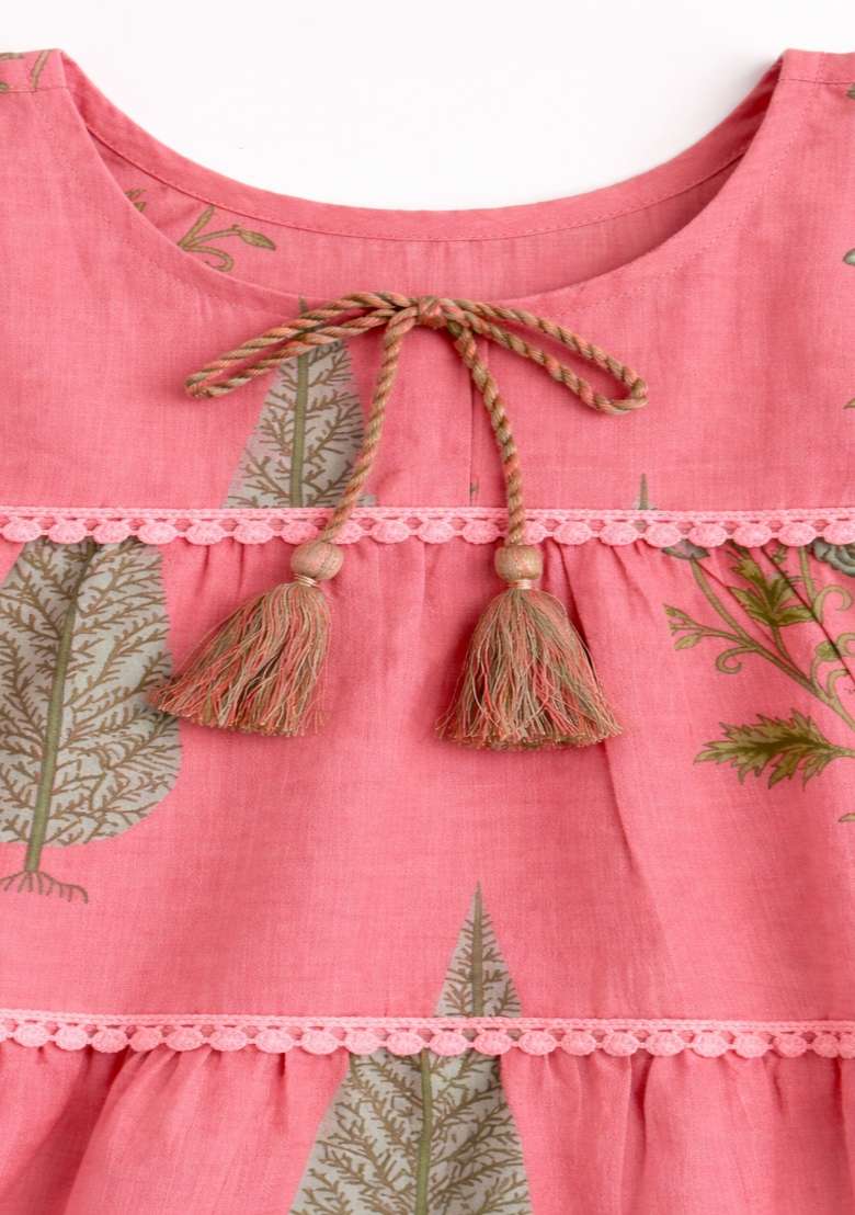 Coral Floral Print Cotton Casual Dress For Girls - Indya