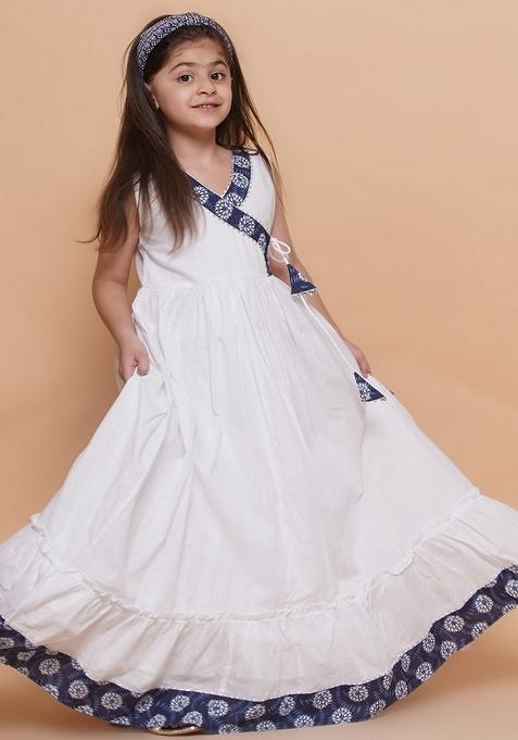 White Embellished Cotton Dress For Girls — view on Indya