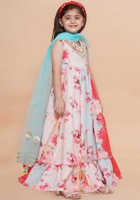 Multicolor Floral Print Cotton Dress For Girls