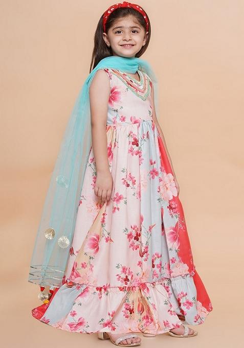 Multicolor Floral Print Cotton Dress For Girls — view on Indya