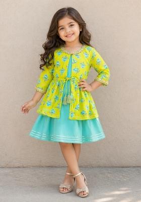 Turquoise Floral Printed Cambric Dress For Girls