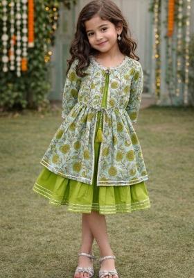 Green Floral Printed Cambric Dress For Girls