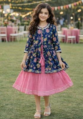 Pink Floral Printed Cambric Dress For Girls