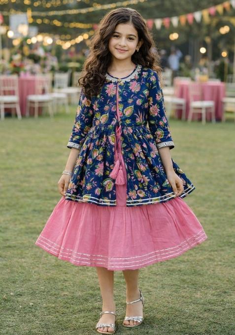 Pink Floral Printed Cambric Dress For Girls