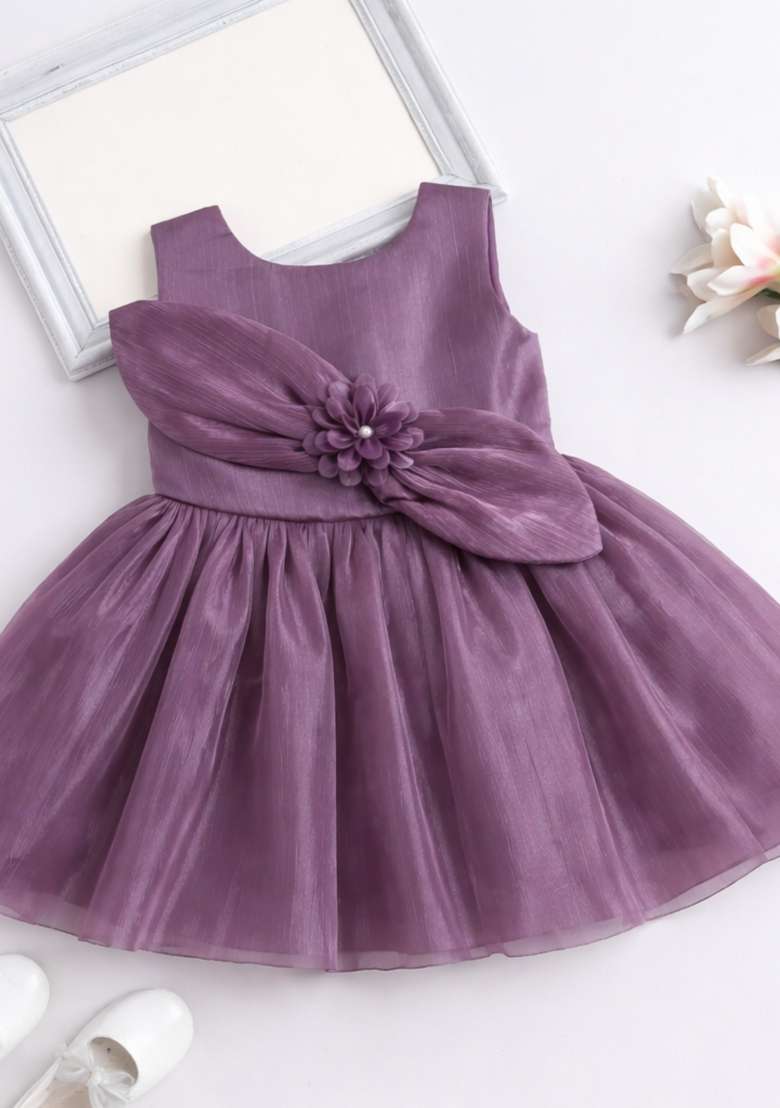 Purple Applique Polyester Dress For Girls - Indya