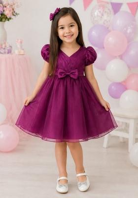 Wine Applique Polyester Dress For Girls