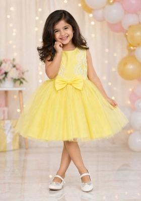 Yellow Applique Polyester Dress For Girls