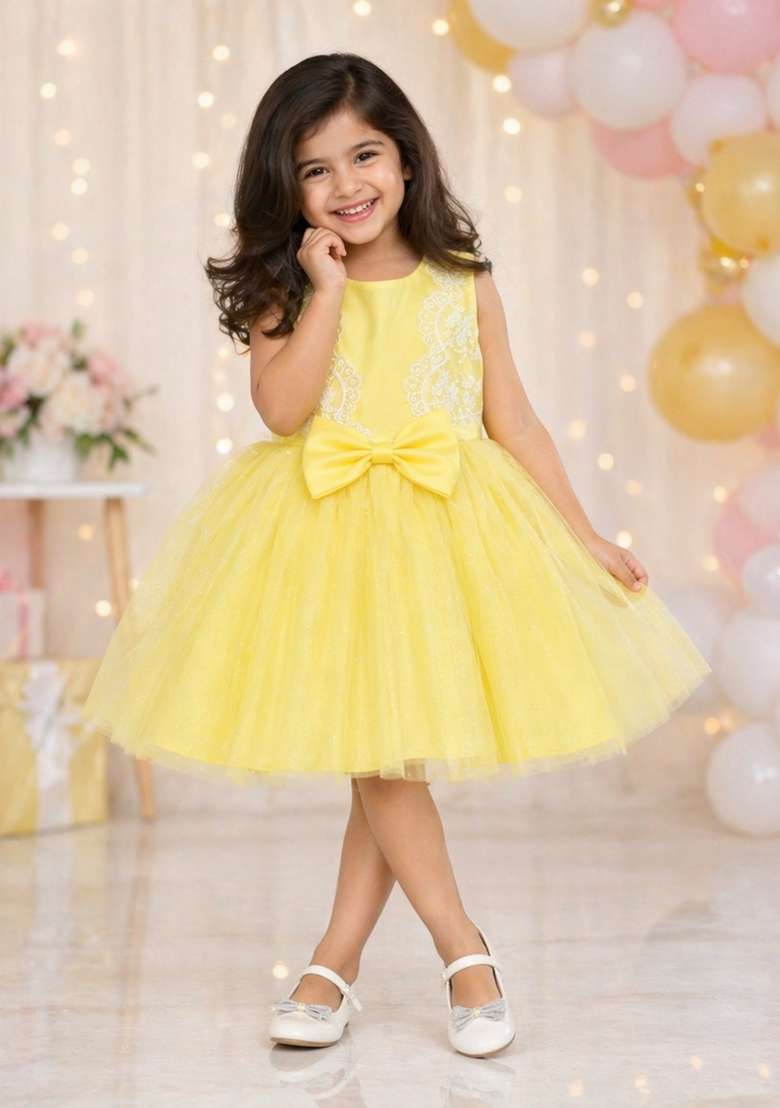 Yellow Applique Polyester Dress For Girls - Indya